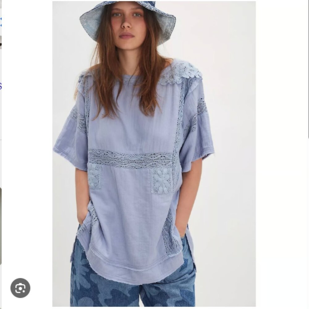 2026 Spring Free People NWT Rustic Romance Top Light Blue Lace Detail Blouse
